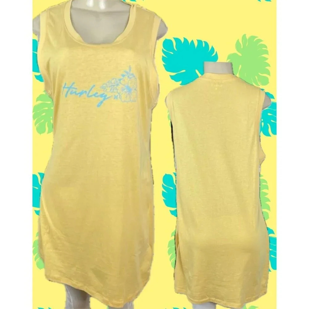 Hurley L Logo Yellow Floral Graphic Scoop Neck Lounge Sleeveless T-Shirt Dress - Picture 1 of 6